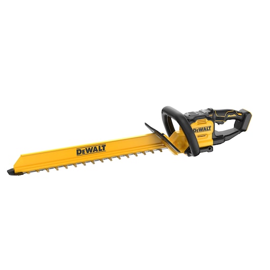 A yellow and black cordless hedge trimmer with the DEWALT logo, featuring a long blade and ergonomic handle.