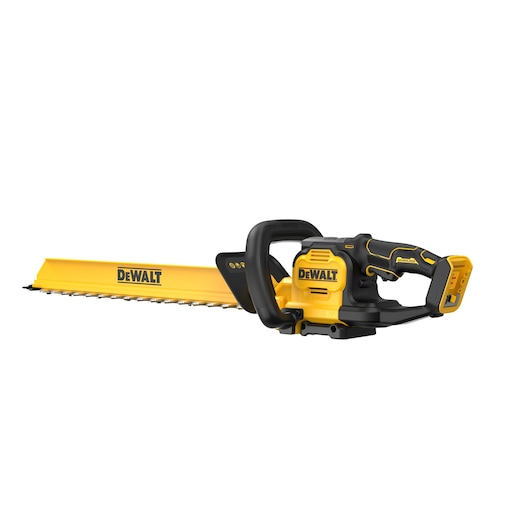 A DEWALT cordless hedge trimmer with a yellow and black body and a protective blade cover, shown on a white background.